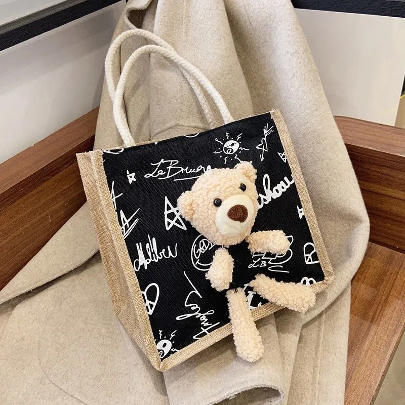 Custom Eco-Friendly Jute Gunny Shopping Tote Bags With Cute Bear Doll And Logo