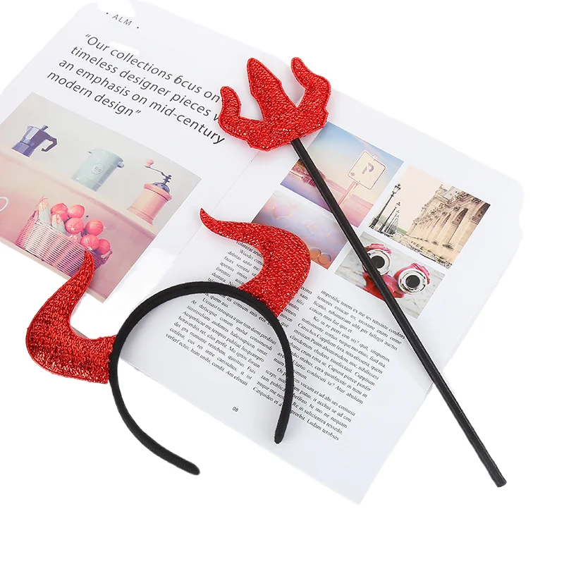 2407 Ganglian Halloween Decoration Headband Props Red Small Three Forks Horned Devil Set Dance Hair Accessories Supplie