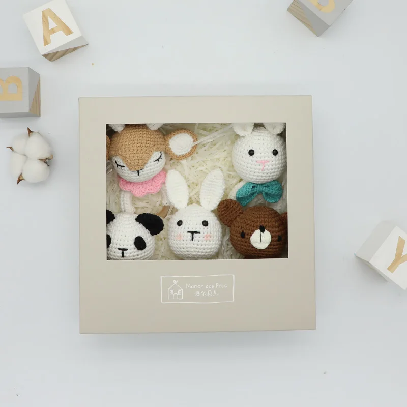 High Quality Custom Cute Animal Wooden Handmade Crochet Rabbit Baby Teether Rattle