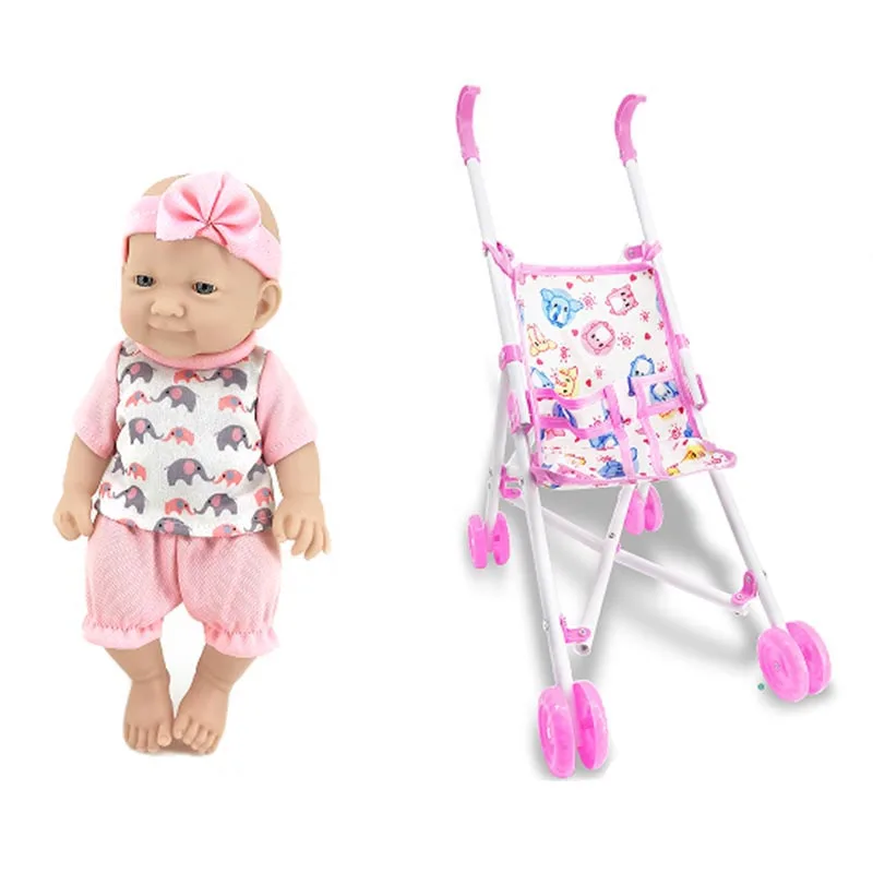 New Arrival 10-Inch Unisex Soft Vinyl Baby Doll with Stroller Set Including Milk Bottle and Food for New Born