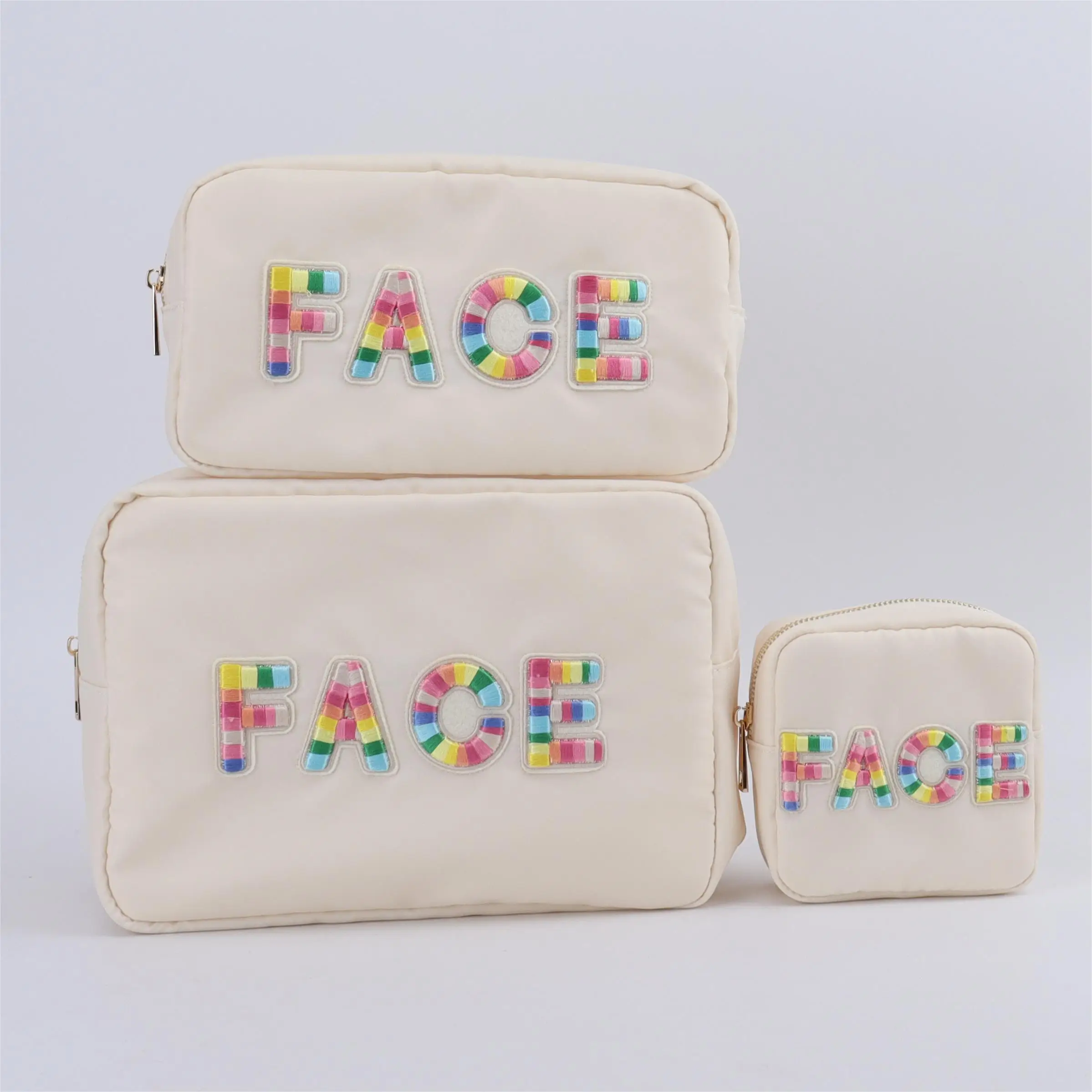 Waterproof Zipper Toiletry Bag Travel Makeup Bags DIY Embroidery Letter Patches Girls Beauty Pouches Portable Cosmetic Bag