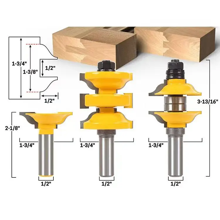 3pcs Sets 1/2' 12mm Shank Woodworking Door Frame Milling Cutter Engraving Machine Trimming