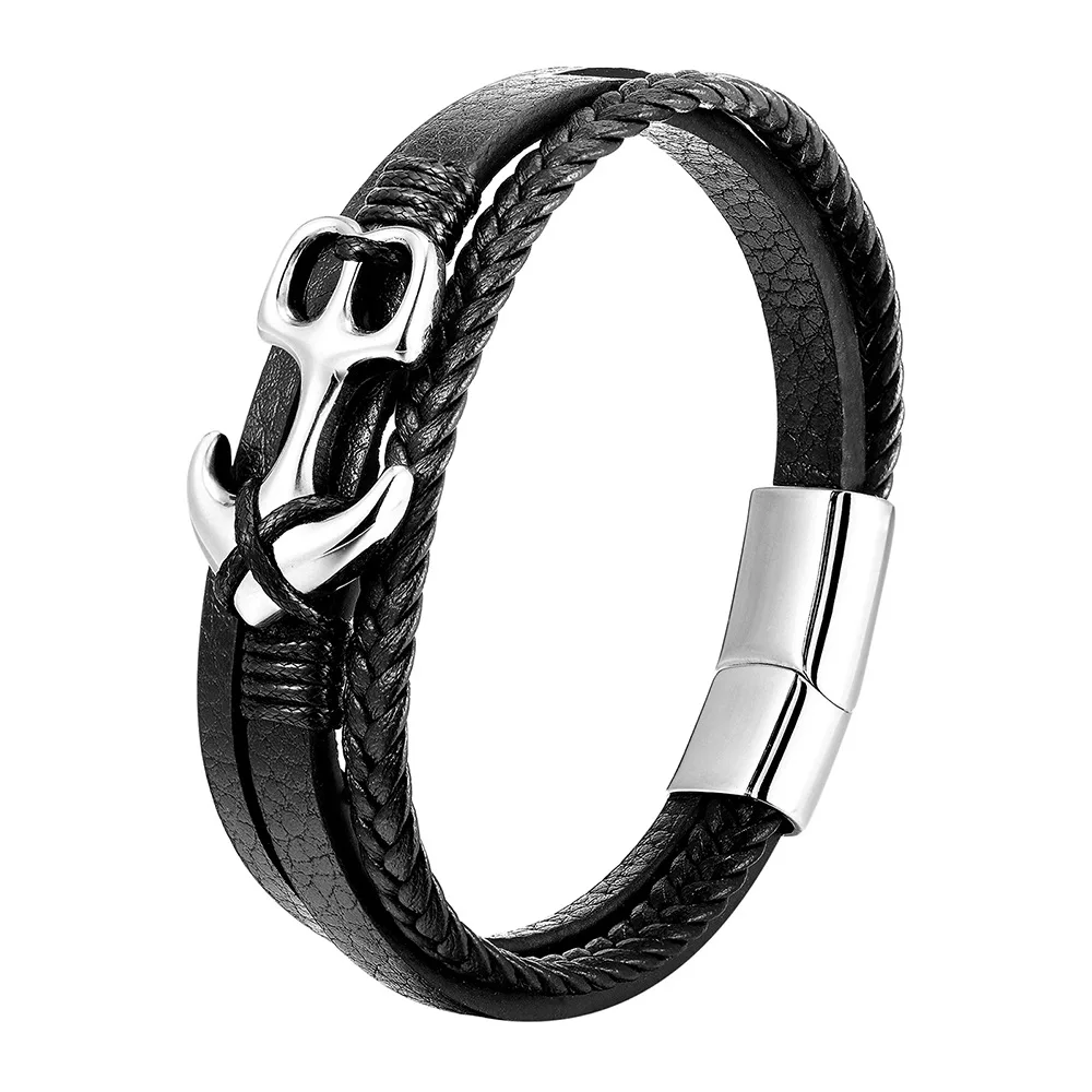 Best Selling Punk Jewelry Bracelet Stainless Steel Anchor Magnetic Clasp Handmade Real Genuine Leather Bracelet Men