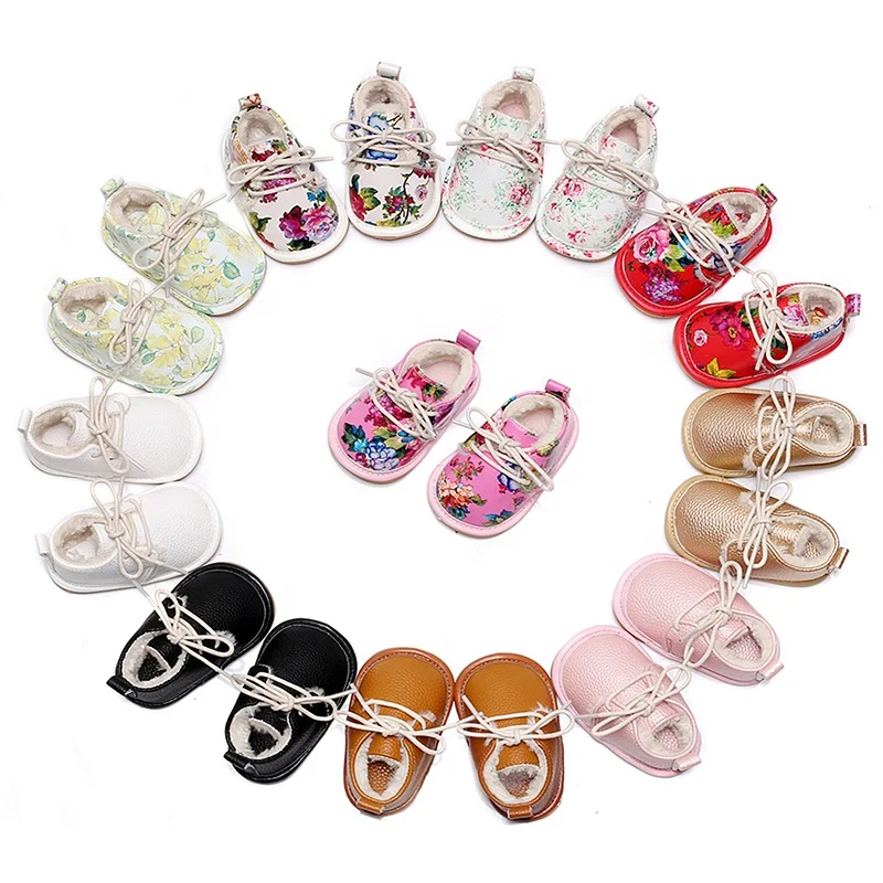 EVERTOP floral printing fluffy inner cow muscle sole PU prewalker moccasins baby winter shoes
