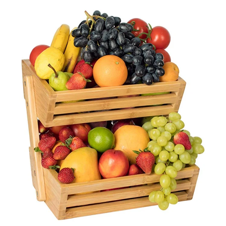 Nature Bamboo Fruit Basket  2 Tier Fruit and Vegetable Storage Stand for Kitchen Countertop Solid Design and Breathable