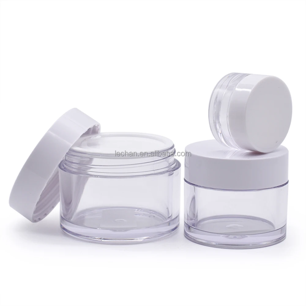 Stock 5g 10g 20g 1oz 4oz 8oz petg acrylic thicken bottom transparent empty cosmetic plastic jars with white lids
