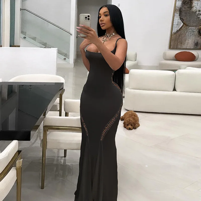 2024 new Elegant Hollow Stretch Sleeveless Split Slim Dress Female Street Shirring Maxi Dress Women
