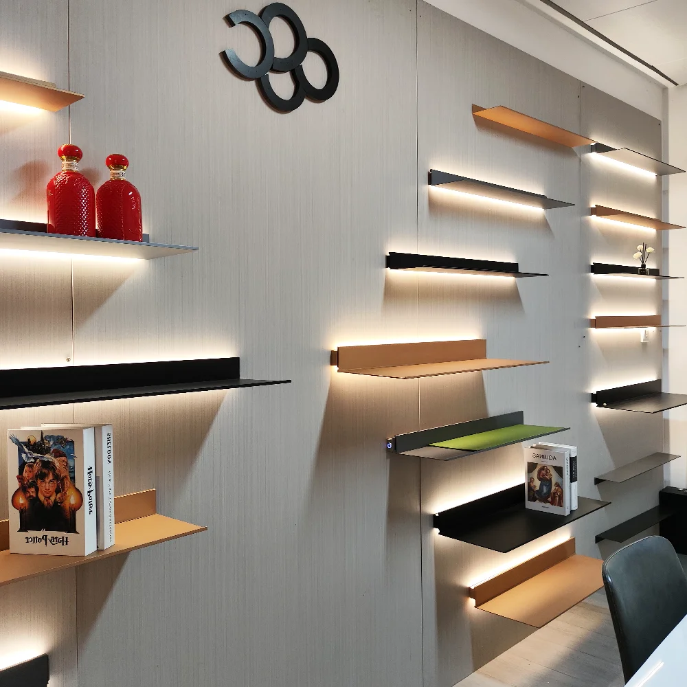 Aluminum Alloy Modern Long Bathroom  Book Shoe Display For Bedside Wall Mounted Led Floating Shelves