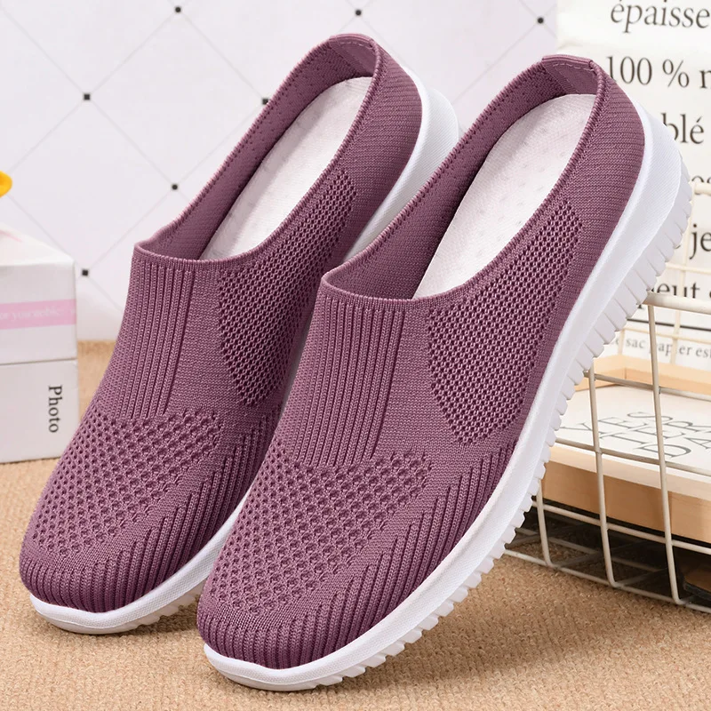 XRH Wholesale Mesh Knit Slippers Custom Logo Pink Walking Style Flats Shoes Purple Slip On Casual Shoes For Mother Women