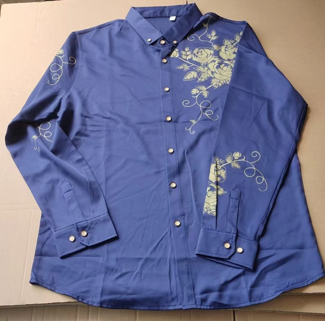 Brand Wine Red Mens Dress Shirts 2024 Fashion Golden Rose Flower Print Button Down Shirt Men Slim Fit Long Sleeve Chemise Homme