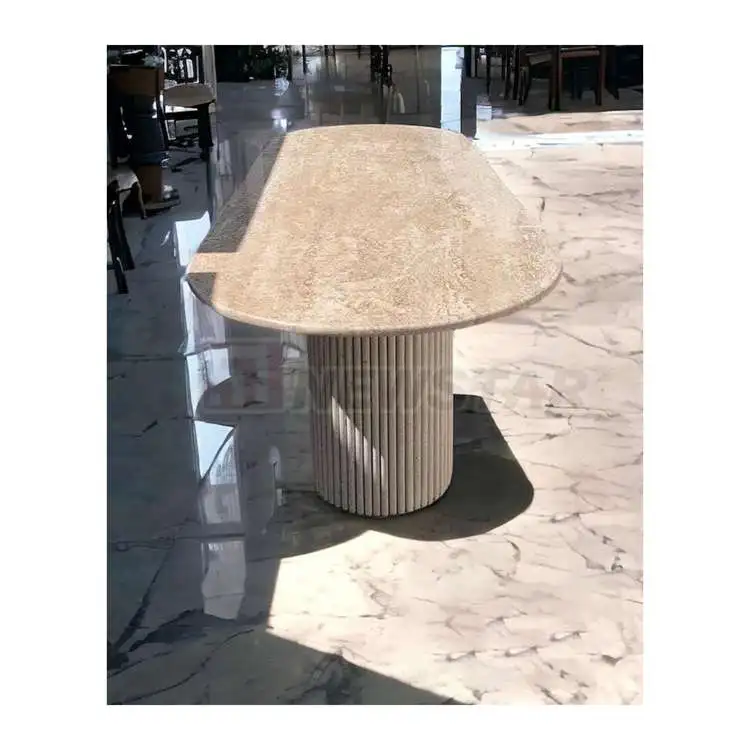Newstar Luxury Customized Natural Beige Travertine  Stone Furniture Dining Table Fluted Oval Marble Travertine Dining Table