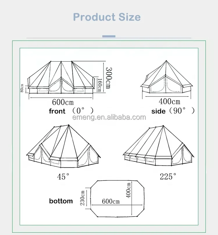Large space emperor tent poles glamping Outdoor Family Camping Vacation Large Glamping 6M Cotton Canvas Family Tent