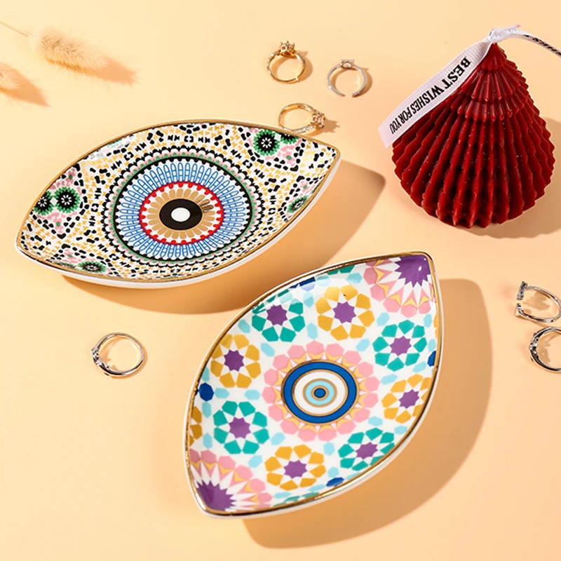 SYL Creative Rich Design Ceramic Evil Eye Plate Luxury Trinket Trays Table Decorations Jewelry dish for home decor.