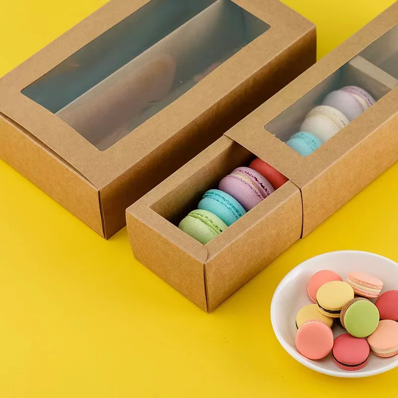 Wholesale Rectangular Macaron Cookie Box Donuts Dessert Food Bread Kraft Paper Transparent Window Paper Box Dessert Baking Box