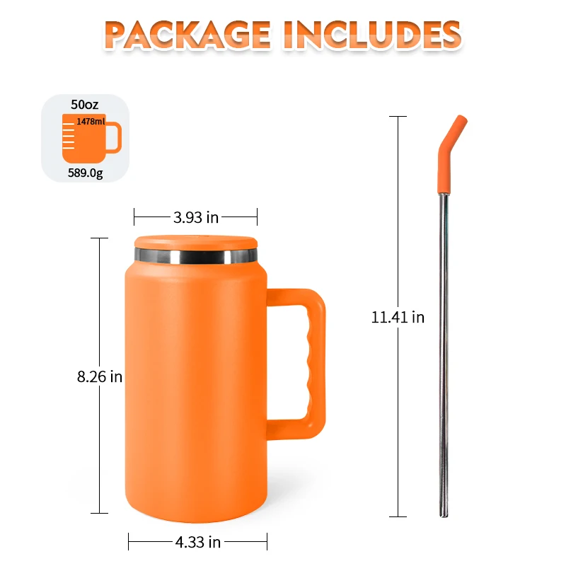 Custom logo 50oz 304 Stainless Steel  Double Wall Tumbler Large Capacity Travel Mug 50 oz Tumbler With Handle Metal Straw