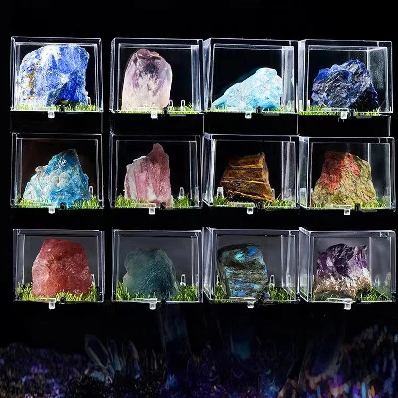 Natural Crystal Raw Stone Ore Mark Acrylic Box Crystal Rock Raw Stone Healing Teaching Specimen For Gift