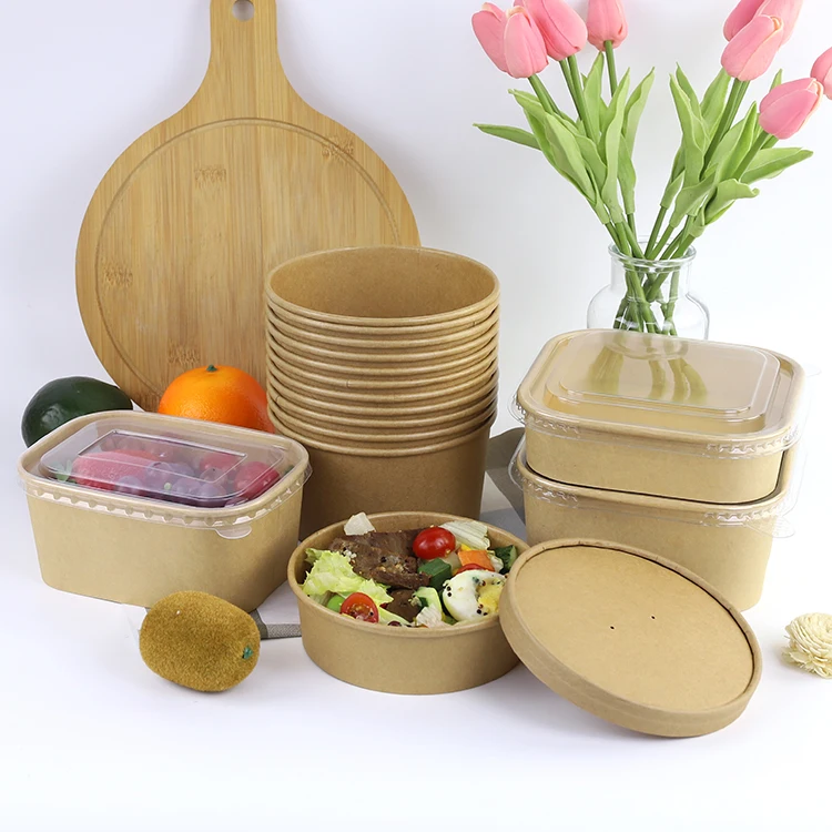 Disposable food container brown kraft paper poke bowl soup salad bowl with lid can be customized