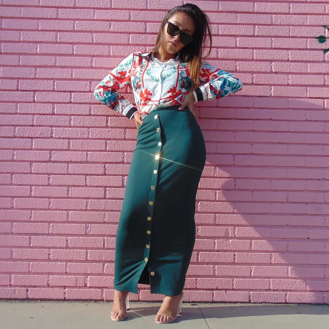 Fashion Autumn Winter High Waist Muslim Skirts Buttons Bodycon Sheath Long Skirt Women Solid Femme Pencil Skirts