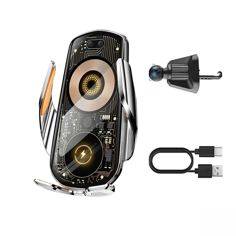 Punk Style Transparent Car Mount 15W Wireless Charging Phone Charger Car Air Vent Cell Phone Holder for Apple Huawei Samsung