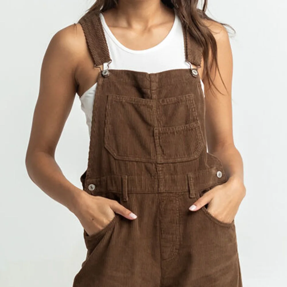 Custom Solid Loose Casual Cargo Sweatpants Jumpsuit Brown Corduroy Retro Baggy Suspender Trousers Cotton Pants Overalls Women