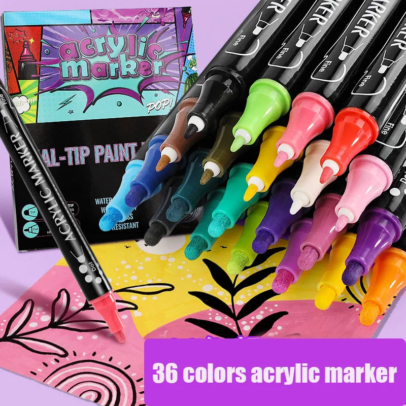 Meihui Acrylic Paint Pens 36 Colors OEM ODM Dual Tip Acrylic Paint Marker for Rock Fabric Wood Glass Egg Painting