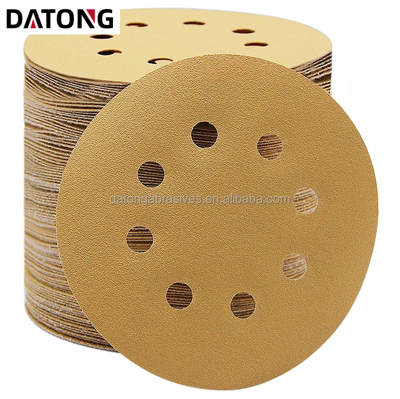 Datong factory High quality  abrasives sand paper 5inch 8holes Grit 100 yellow Sanding Disc For Metal and Wood
