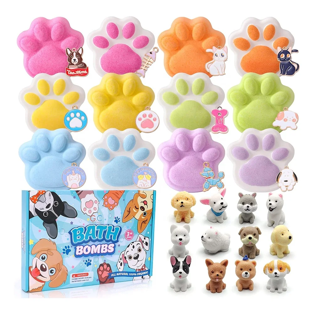 Cute Bathbombs Organic Natural Puppy Toys Surprise Gift Non-Inside 12Pcs Bubble Bath Fizz Balls Paw Bath Bombs for Kids