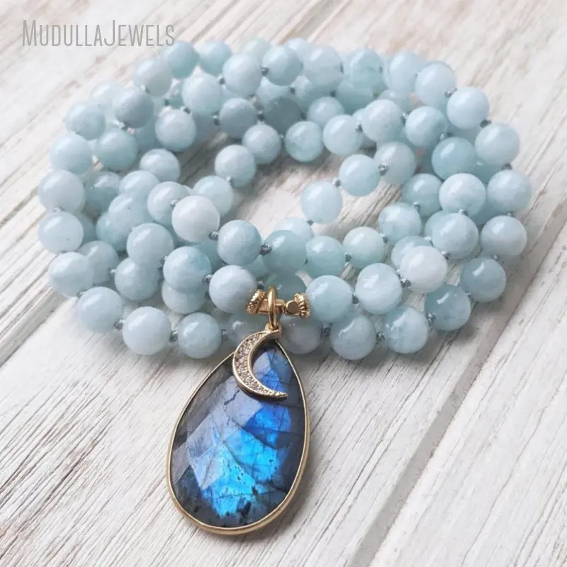 MN31559 Wisdom Healing Egyptian Goddess Isis Aquamarine  Mala Bead Necklace 108 Mala NECKLACE with Crescent Charm