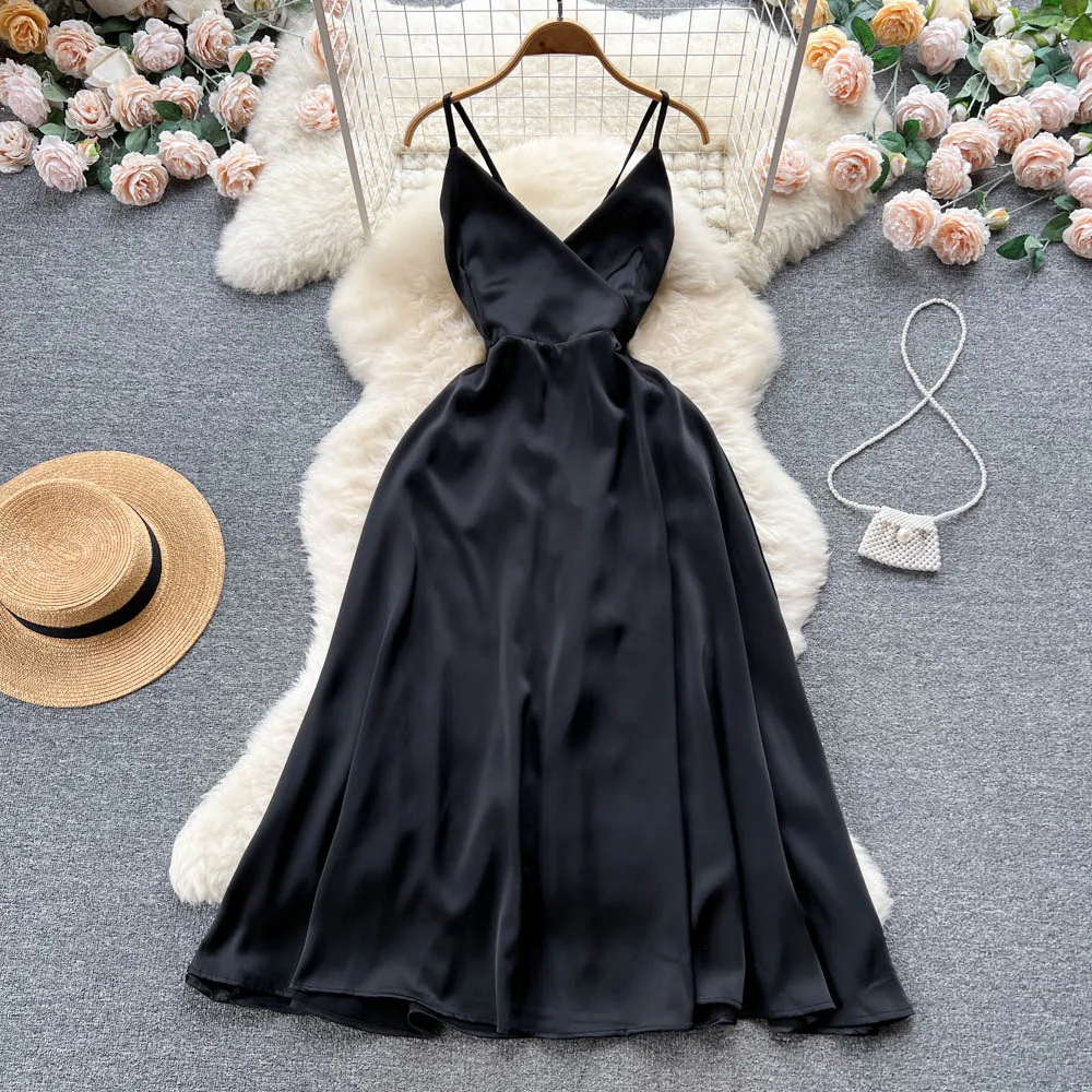 Summer Sleeveless Silk Casual Dress Women High Waist Midi A-Line Dress Ladies Sexy Dresses Clothes Women Wholesale