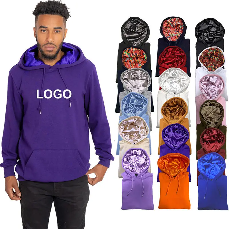 manufacturers custom slim fitting 100% cotton silk double layer chenille satin lined hoodie for men