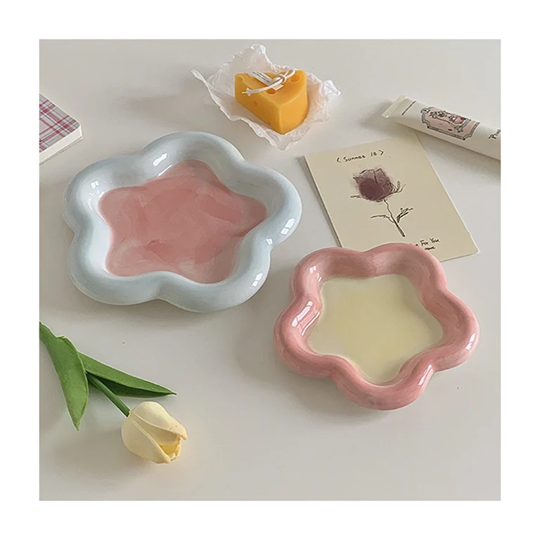 K&B Cute Under-glaze Ceramic Dishes Plates Color Hand-painted Irregular Dessert Snack Bread Breakfast Plate