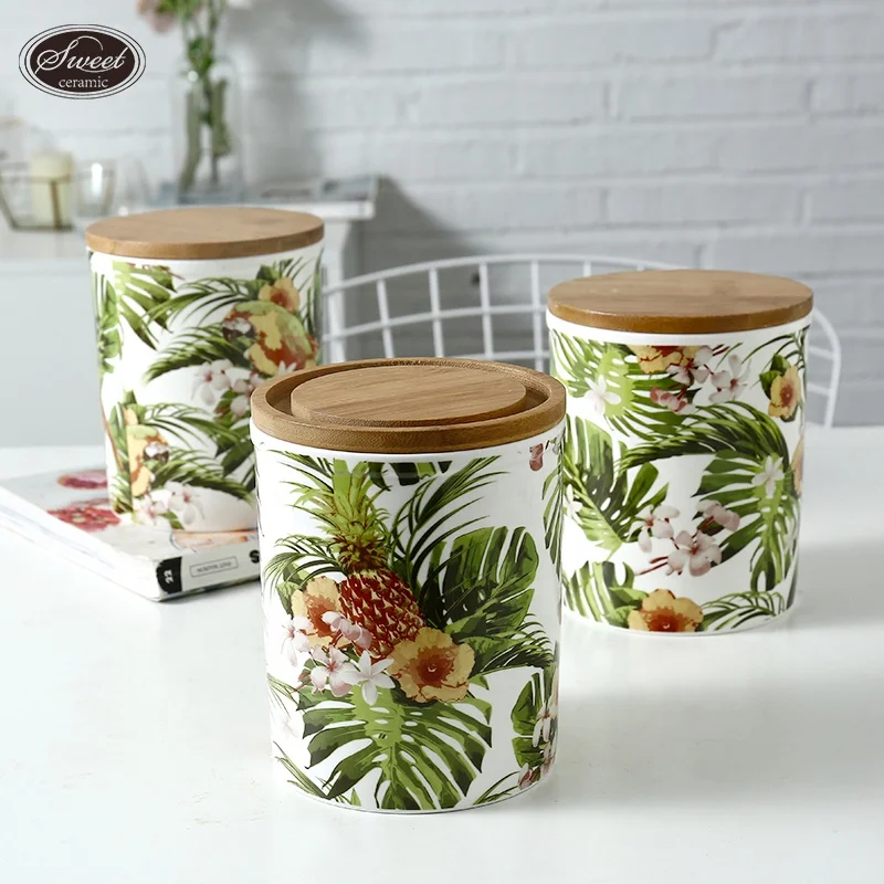 HOT sales sealed Jars Wood Lid Vessel Container  Containers  Black Ceramic Kitchen grain candy coffee tea storage jar