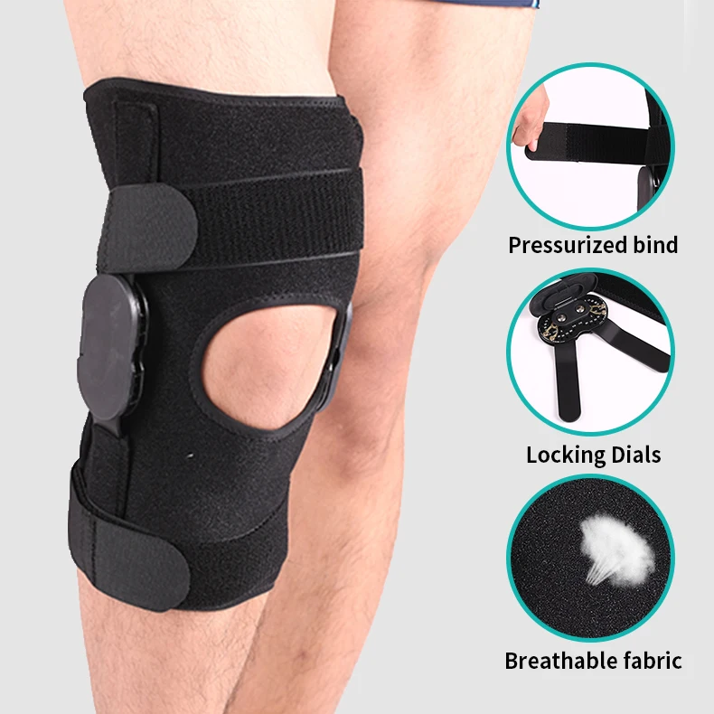 Adjustable hinged knee immobilizer with side stabilizers of locking dials for knee pain