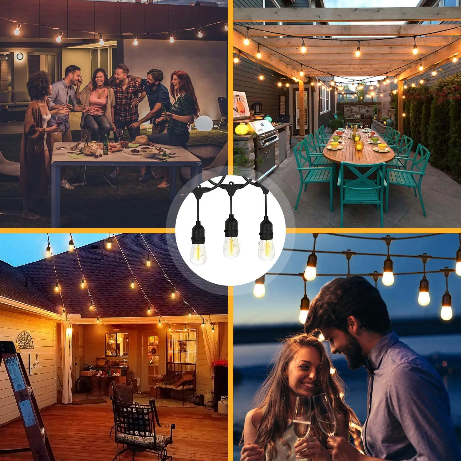 LED Outdoor Garden S14 String Lights Solar Powered, 48FT Hanging 15+1 LED Edison Bulbs E27 Sockets Outdoor Warm White Festoon Li