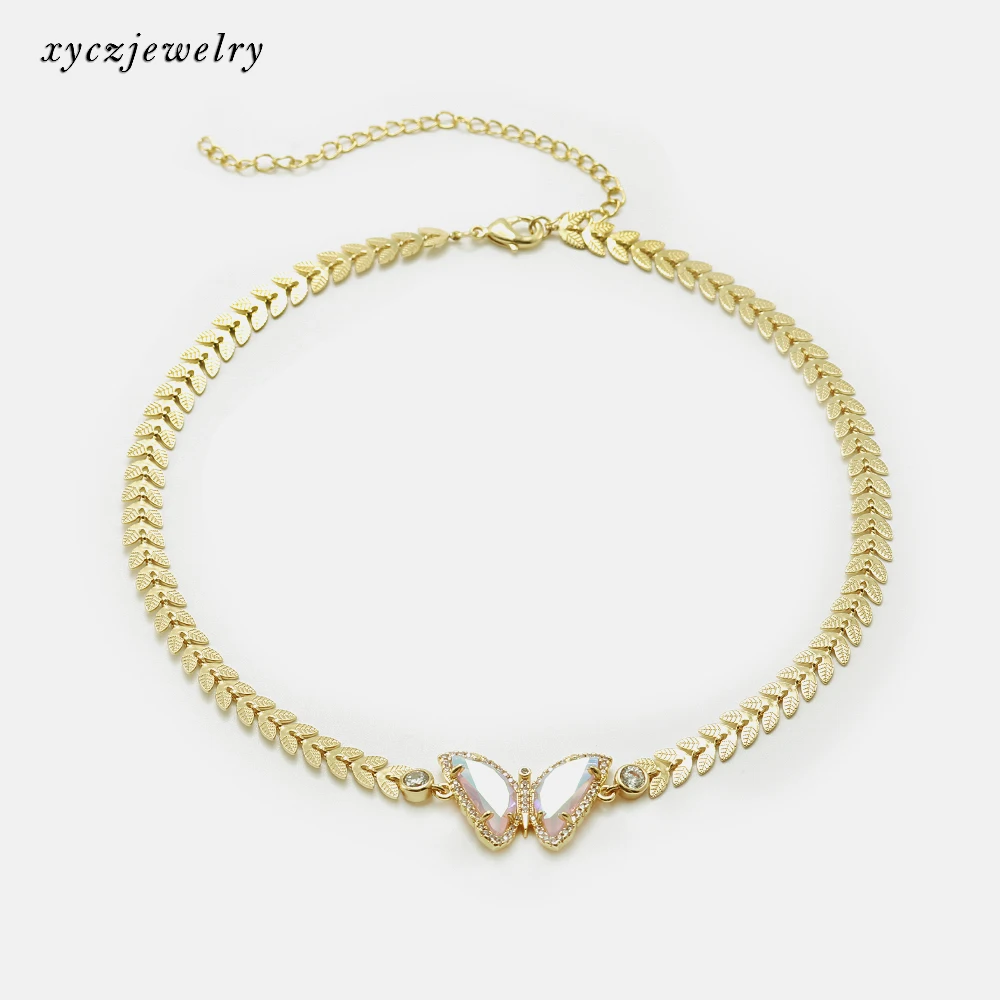 The latest fashion illusion blue pink glass white CZ choker butterfly necklace