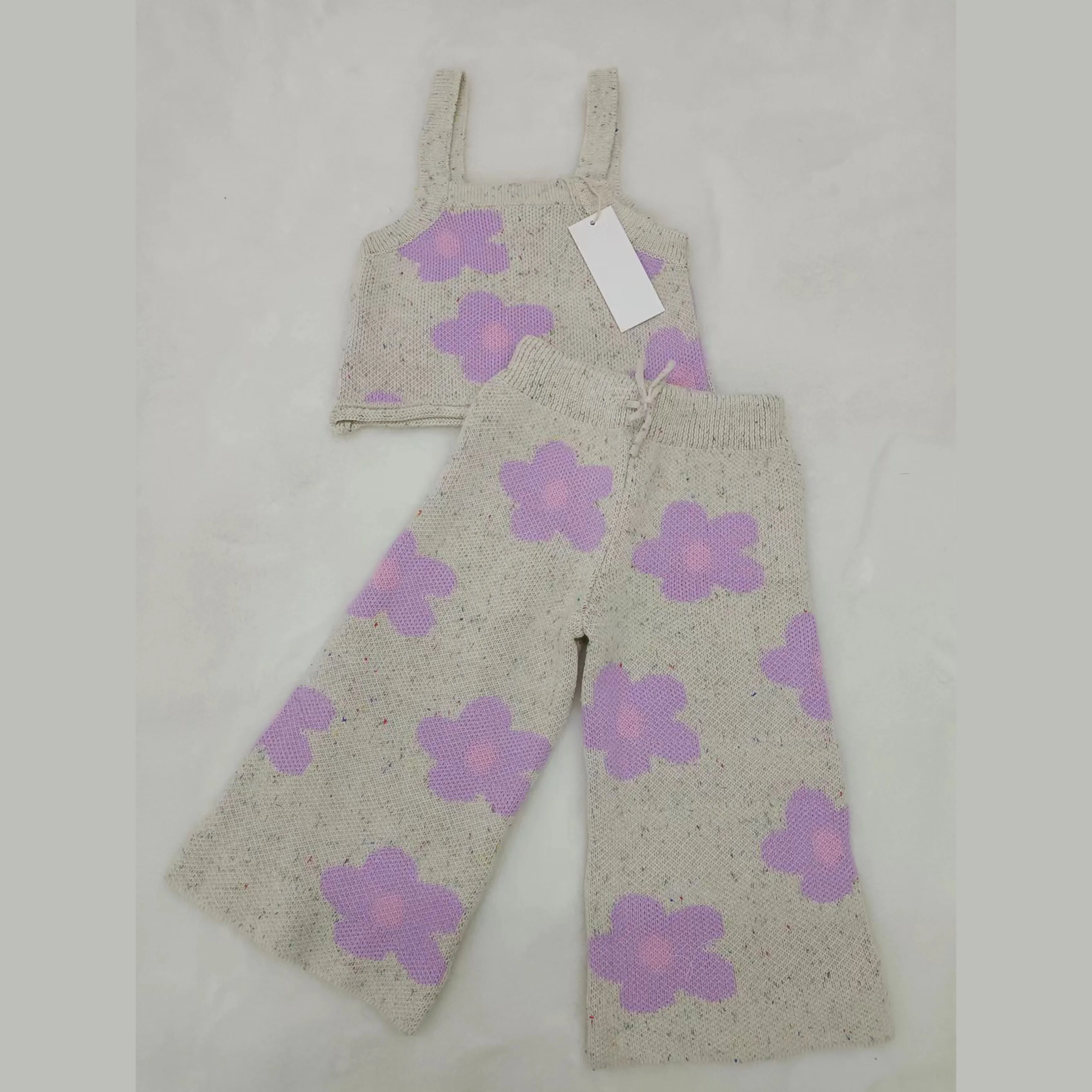 Summer kids Knit Suits Purple Sunset Flower Sleeveless Shirt Strap Knit Sets