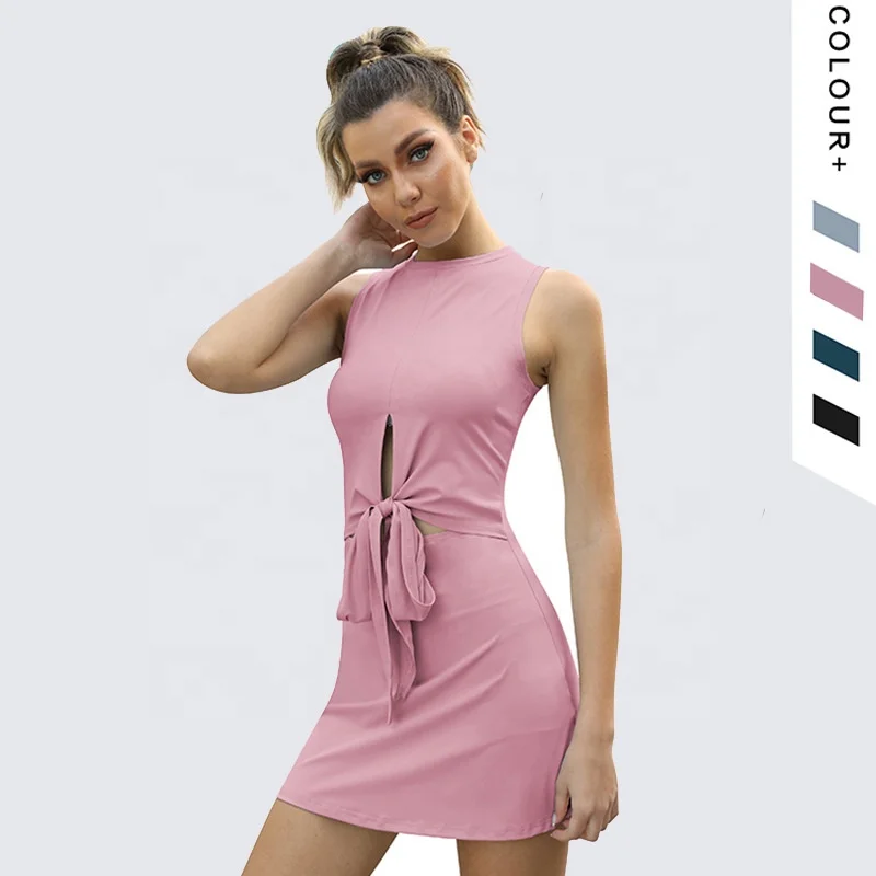 2022 women New summer sports dress nylon waist hip hollow sexy tennis skirt badminton yoga dance gym shirts with shorts pocket