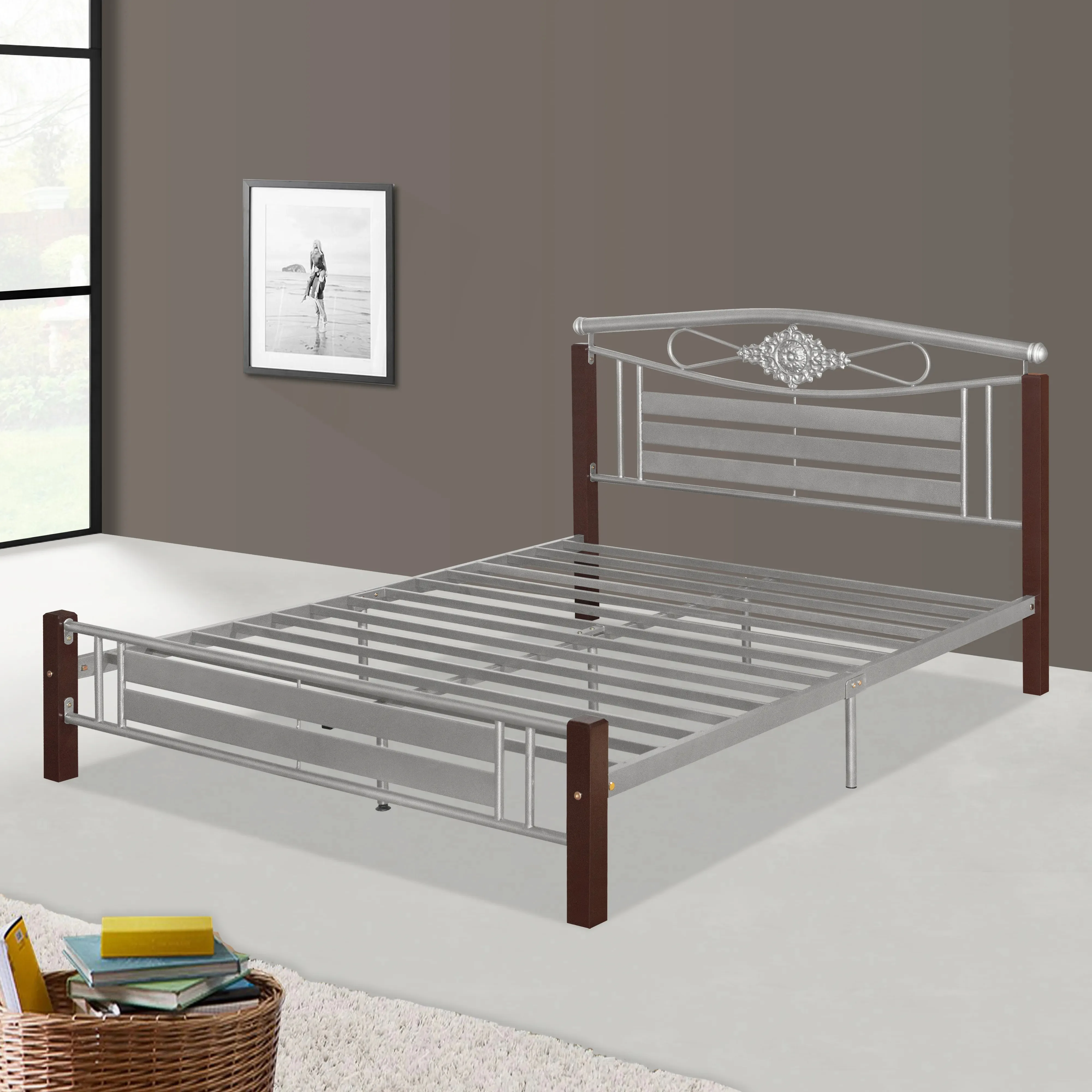 Malaysia Metal Wooden Queen Bed BF-211 Double Twin Size Iron Bed Frames with Headboard