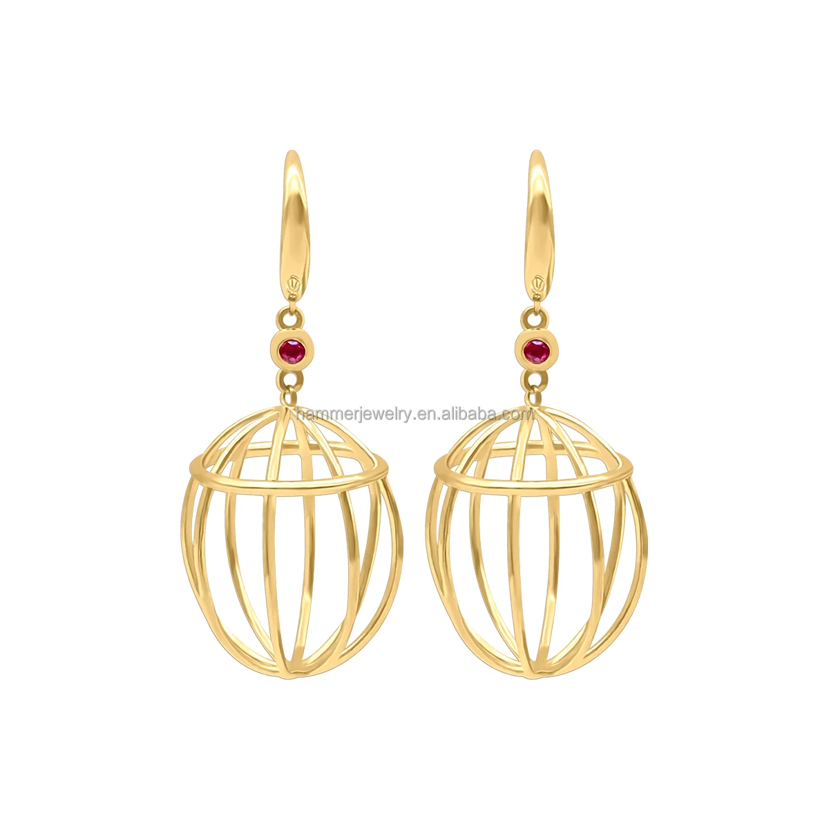 Wholesale 14K Real Gold Earring Lantern Shape with Ruby  Women Cute Gift Party  Jewelry