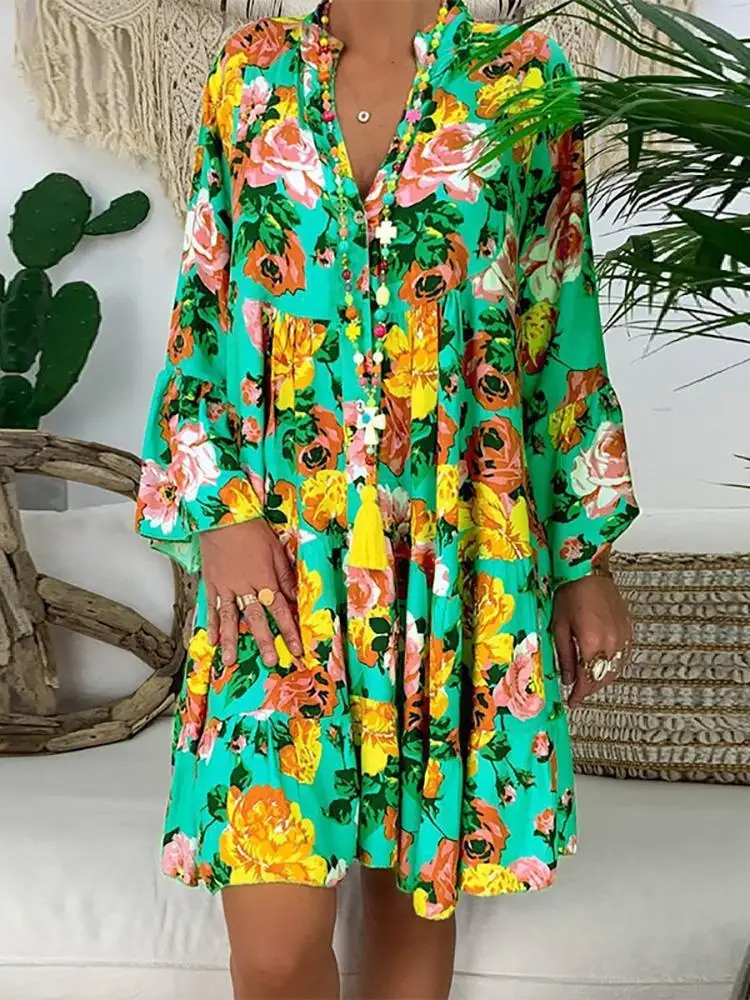 Mini Party Tropical Tunic Dress Women Loose 5XL Summer Elegant Boho Long Sleeve Maxi Shirts Dress Flower Floral Beach Dresses