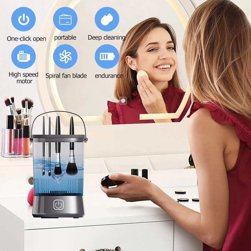 Wireless portable rechargeable automatic cosmetic makeup brush cleaner dryer machine with silicone cap home use