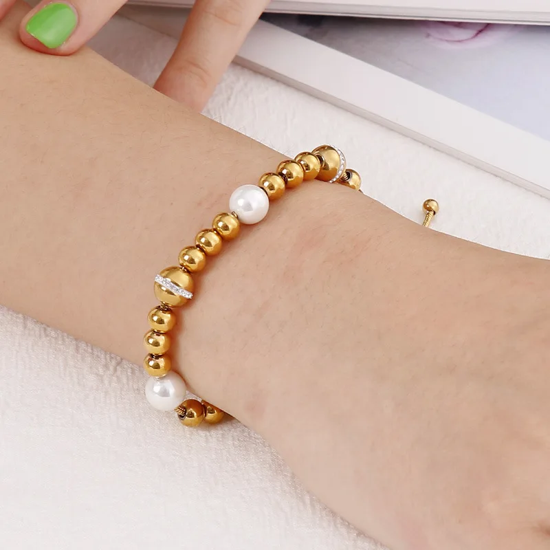 
New Fashion Adjustable Stainless Steel Bead with Cubic Zircon Iridescent Spherical Pearl Bead Bracelet 
