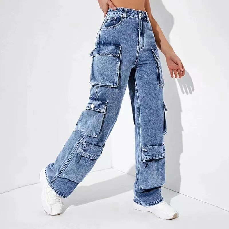 OEM Manufacturer Pocket High Waist Streetwear Baggy Denim Ladies Long Wide Cargo Pant For Women Jeans