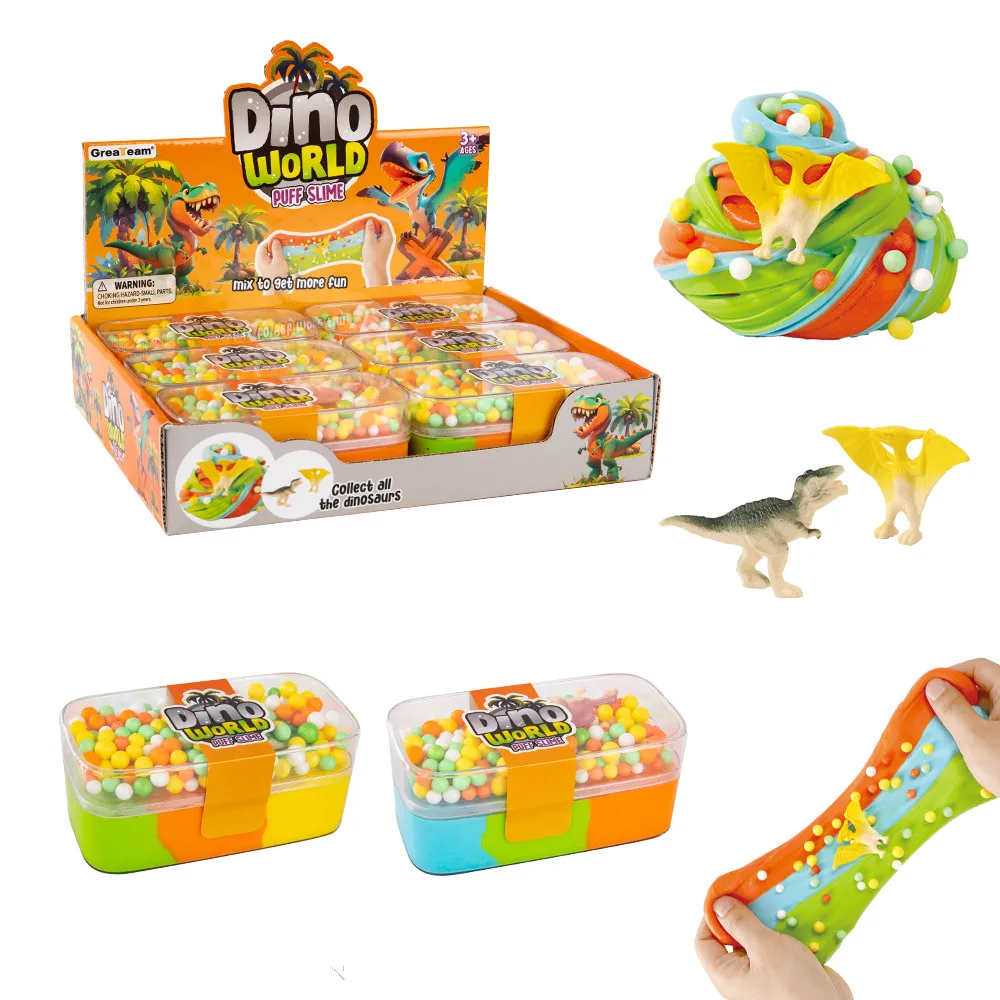 2024 new fashionable Dino world puff slime with different dinosaur toys stretchy and colorful puff slime