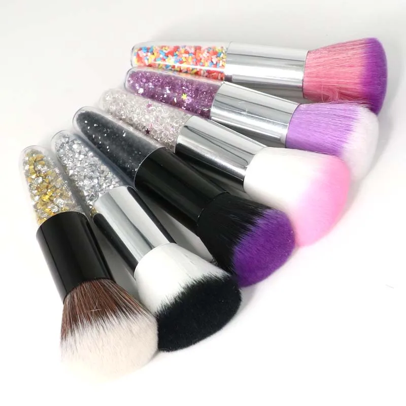 Private Label Mini Small Fat Dumpy Clear Purple Glitter Crystal Heart Shape Acrylic Handle Kabuki Foundation Powder Brush Makeup