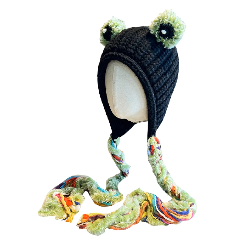 Wholesale Good Quality Ear Flaps Beanie Hat Cartoon Cute Frog Knitted Woolen Hat For Women