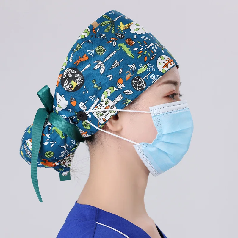 Best Quality Solid Color Satin Embroidered Hat For Long Short Hair Vets Nurse Doctor Surgical Scrub Caps With Bow Tie