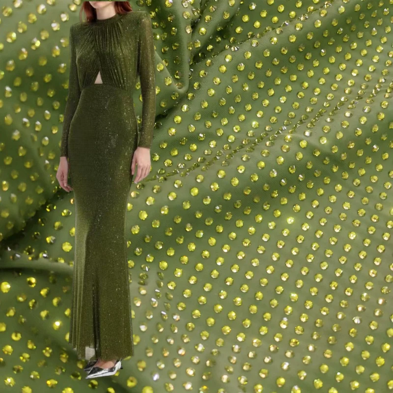 HS0149 Olivine Green lace fabric Peridot crystal ab hot fix crystals mesh with strass for dresses