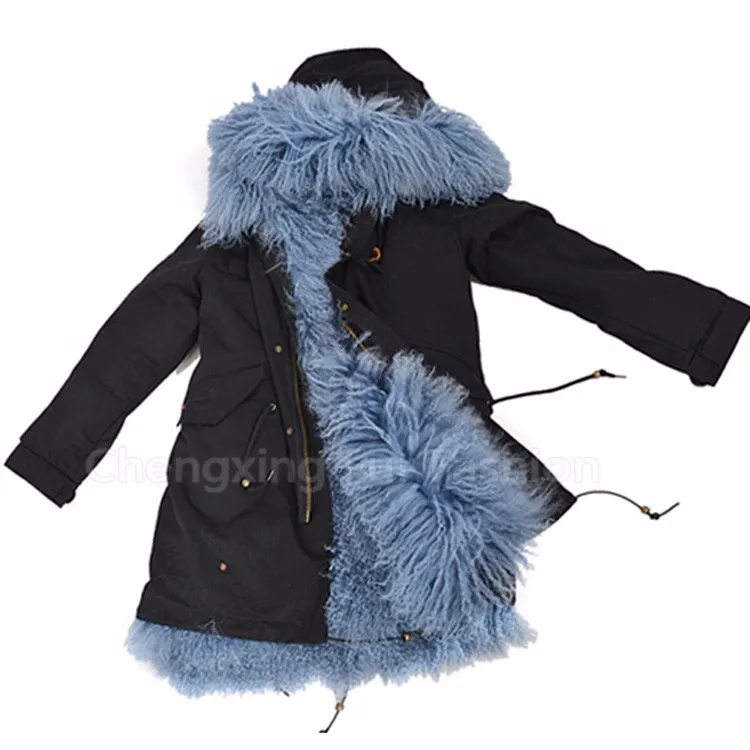 CX-G-P-15 Winter Lady Boutique Outfit Jacket Real Mongolian Lamb Fur Lining Fur Parka Coat for Women