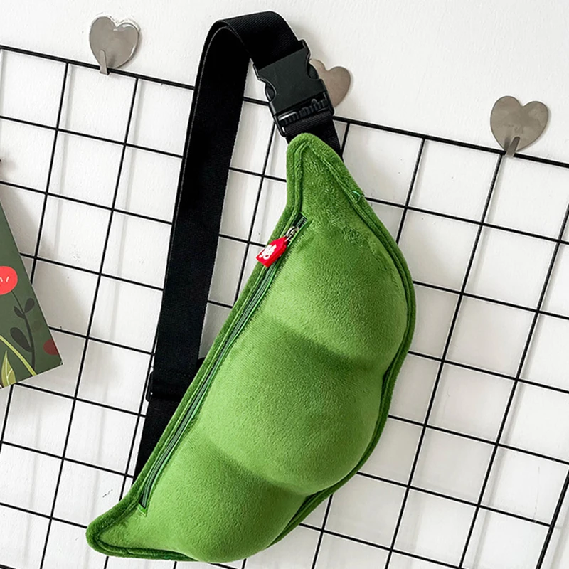 3D Pea Pod Sling Backpack Plush Edamame Purse Cute Soybean Chest Crossbody Shoulder Bags Green Beans Shape Waist Bag